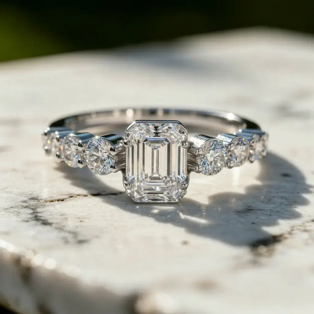 Close-up: Emerald Cut Diamond Ring with Channel Setting in 14k White Gold - Lab Grown - Driona Jewels