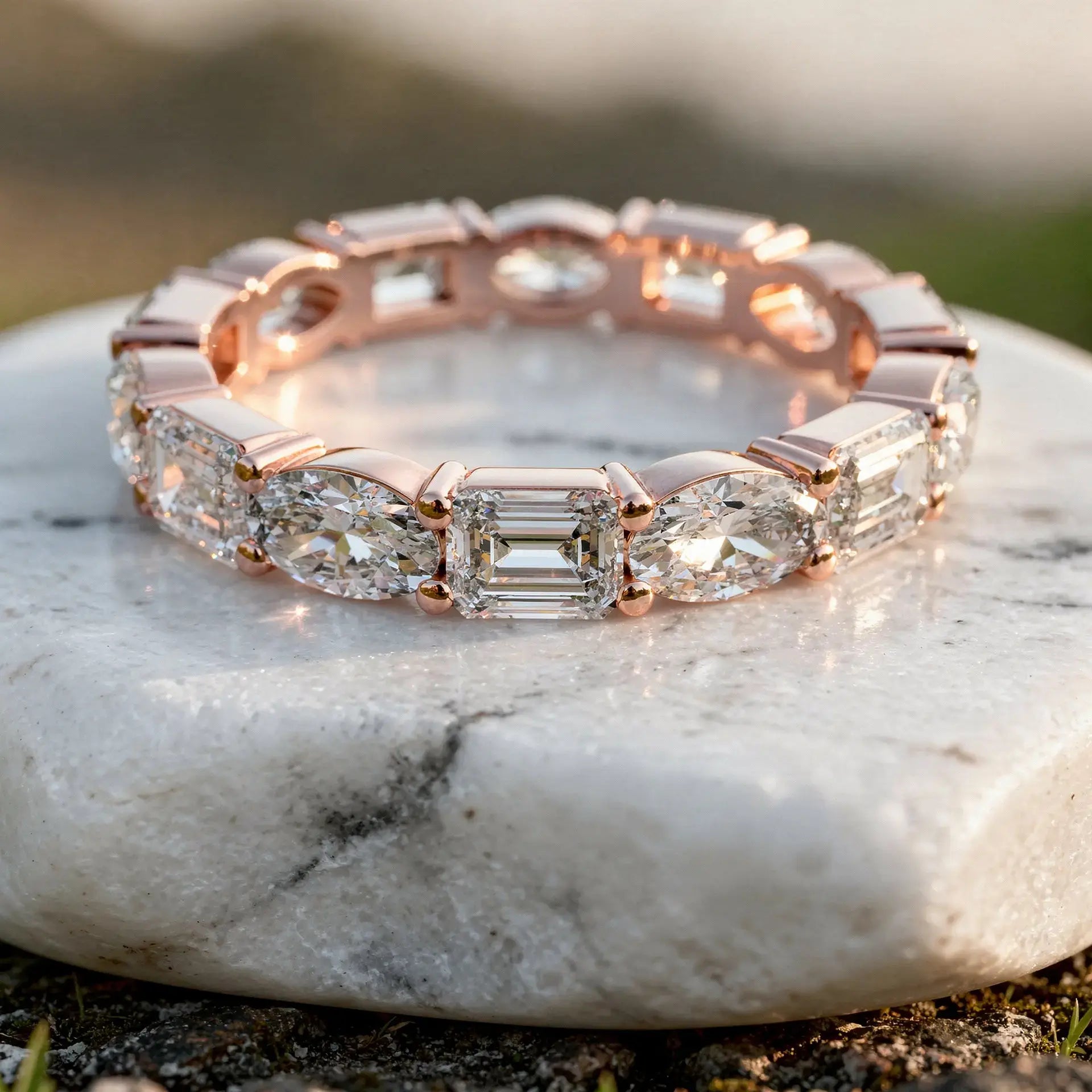 Close-up: Emerald Cut Diamond Eternity Band with Eternity Setting in 14k Rose Gold - Lab Grown - Driona Jewels
