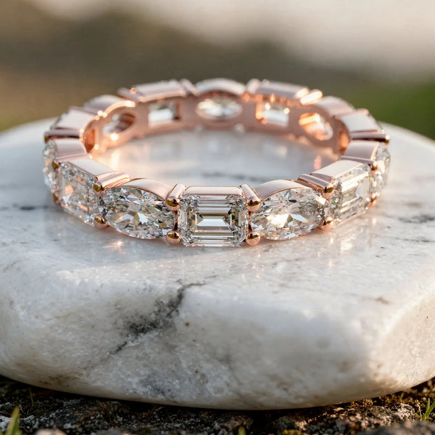 Close-up: Emerald Cut Diamond Eternity Band with Eternity Setting in 14k Rose Gold - Lab Grown - Driona Jewels