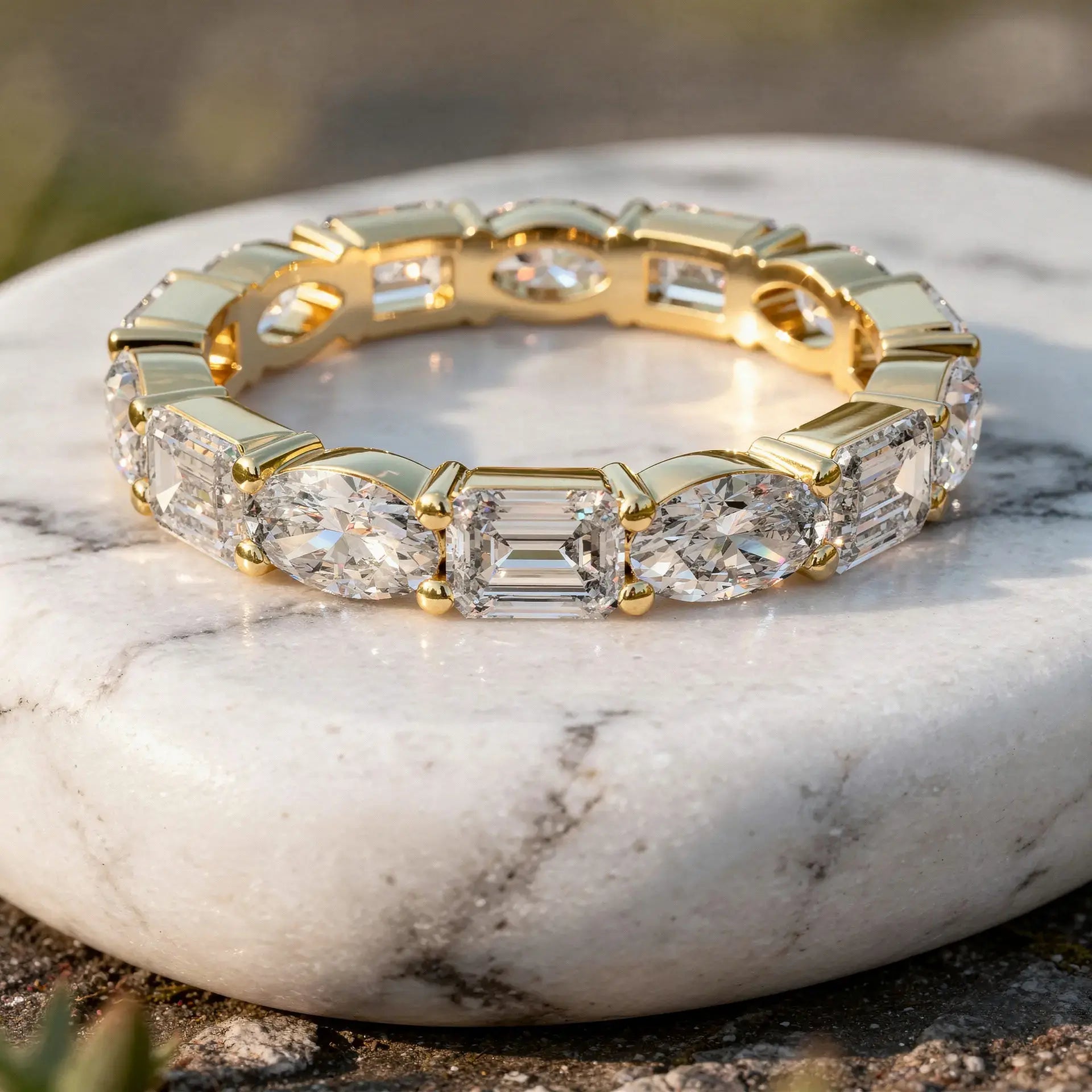 Close-up: Emerald Cut Diamond Eternity Band with Eternity Setting in 14k Yellow Gold - Lab Grown - Driona Jewels