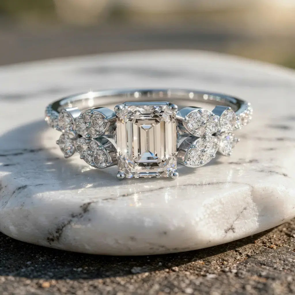 Close-up: Emerald Cut Diamond Ring with Floral Setting in 14k White Gold - Lab Grown - Driona Jewels