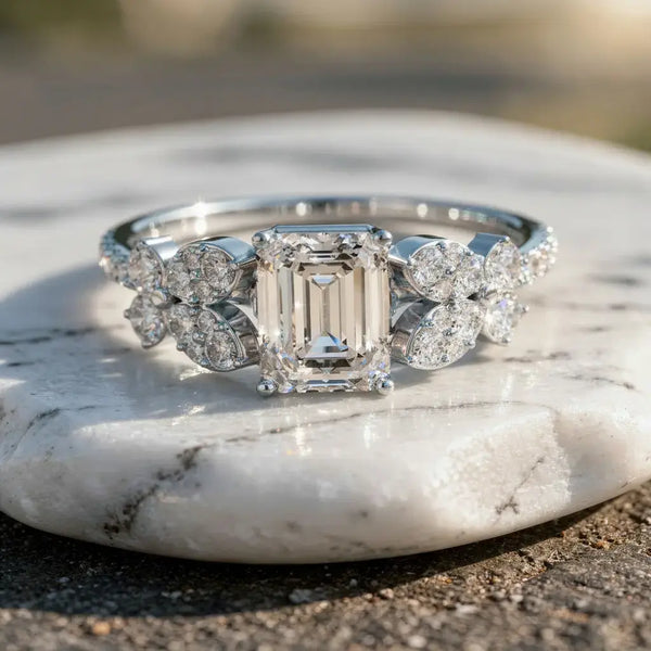 Close-up: Emerald Cut Diamond Ring with Floral Setting in 14k White Gold - Lab Grown - Driona Jewels