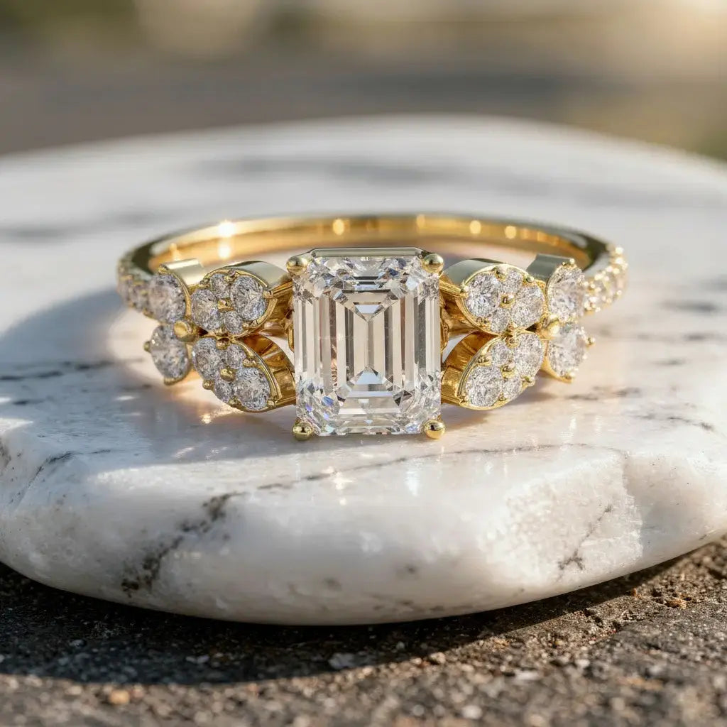 Close-up: Emerald Cut Diamond Ring with Floral Setting in 14k Yellow Gold - Lab Grown - Driona Jewels