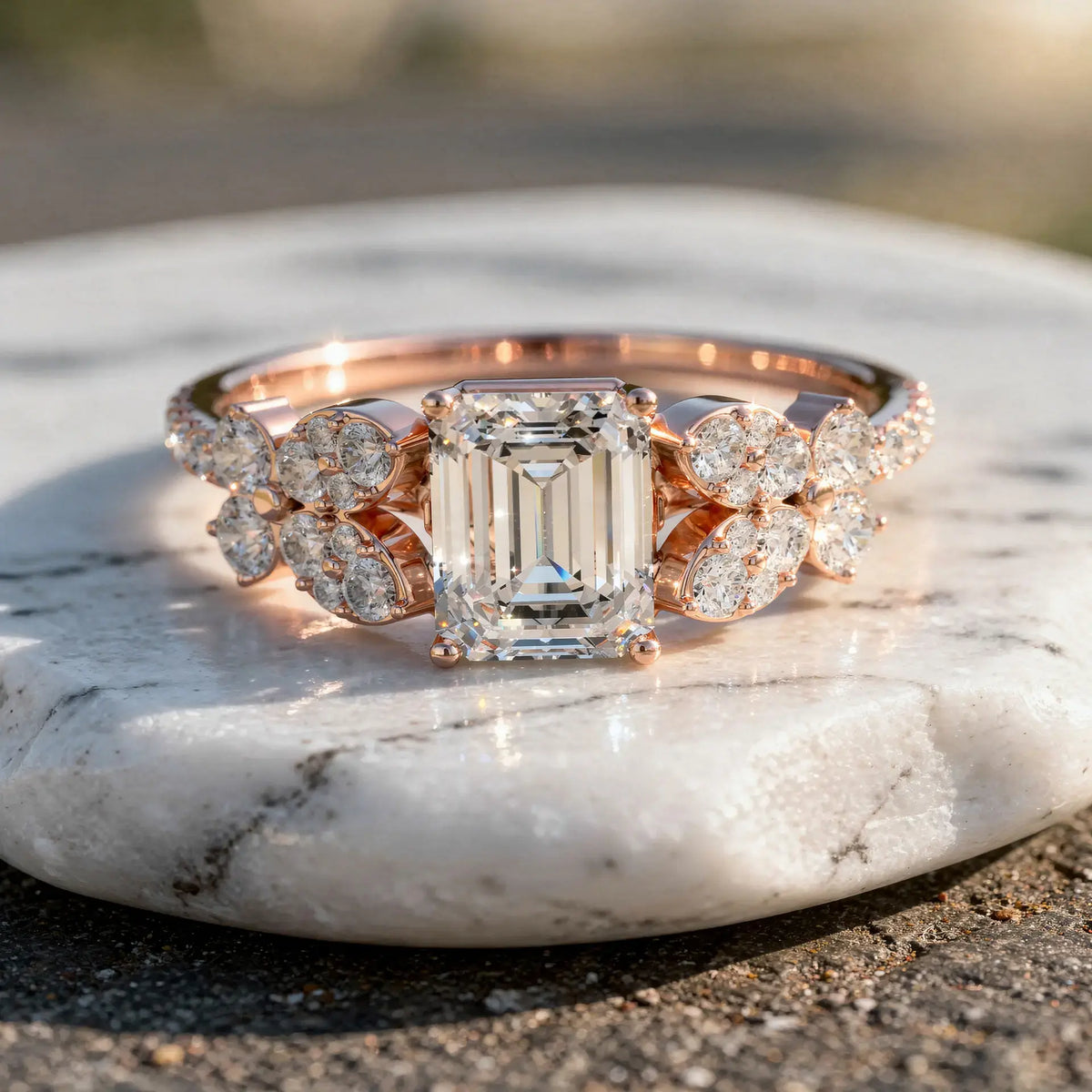 Close-up: Emerald Diamond Ring with Halo Setting in 14k Rose Gold - Lab Grown - Driona Jewels