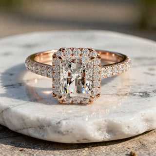 Flat Lay: Emerald Diamond Ring with Halo Setting in 14k Rose Gold - Lab Grown - Driona Jewels
