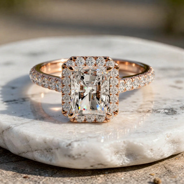 Flat Lay: Emerald Diamond Ring with Halo Setting in 14k Rose Gold - Lab Grown - Driona Jewels