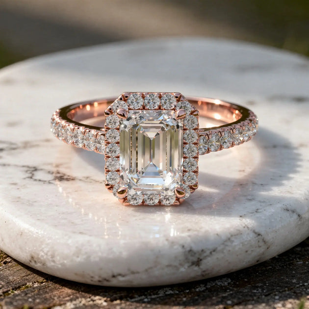 Front-view: Emerald Diamond Ring with Halo Setting in 14k Rose Gold - Lab Grown - Driona Jewels