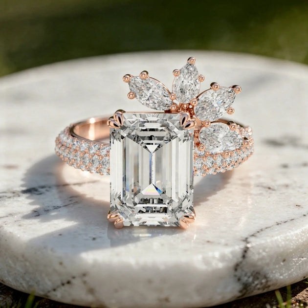 Front-view: Emerald Cut Diamond Ring with Halo Setting in 14k Rose Gold - Lab Grown - Driona Jewels