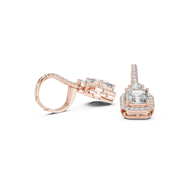 Three-quarter-view: Emerald Cut Diamond Ring with Halo Setting in 14k Rose Gold - Lab Grown - Driona Jewels