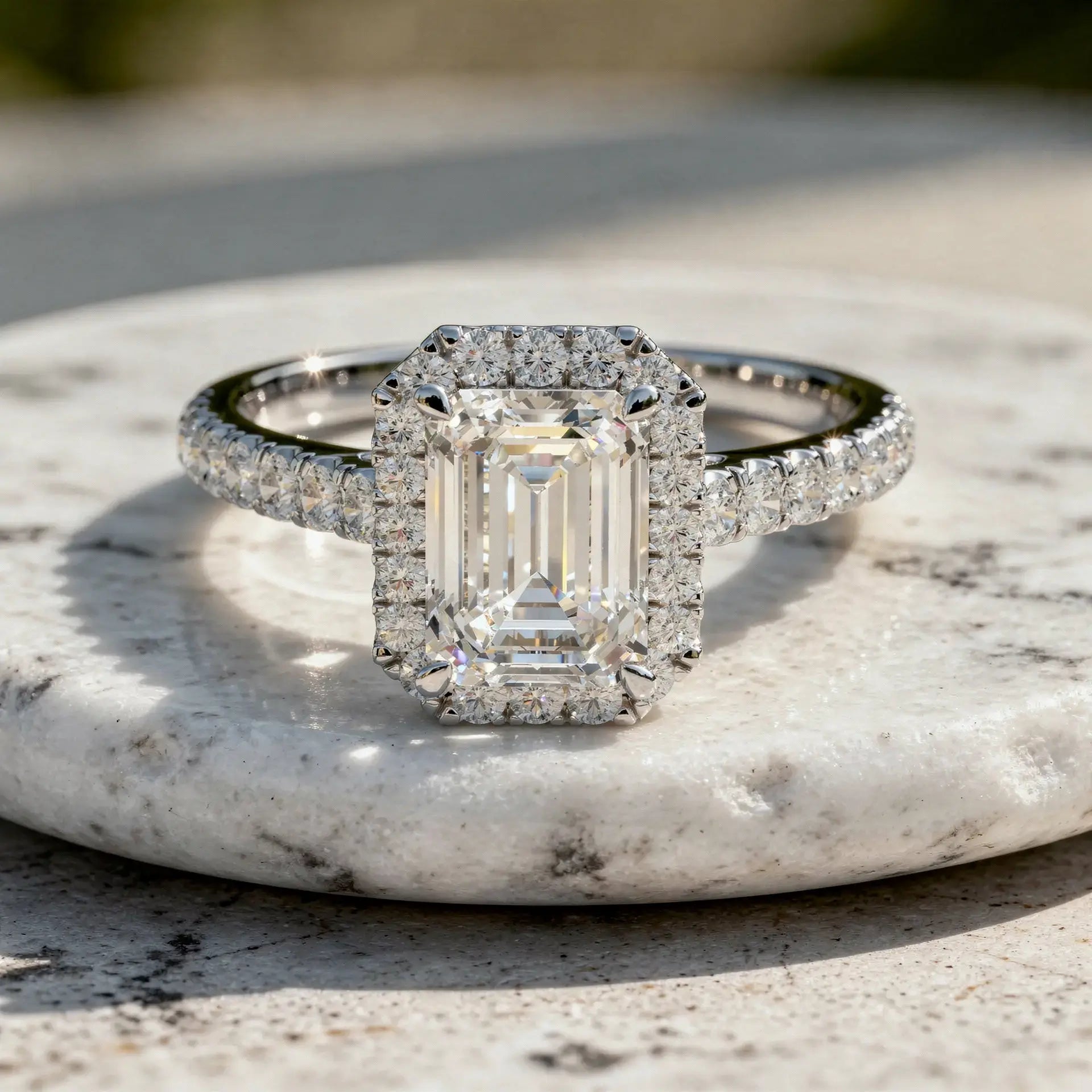 Flat Lay: Emerald Diamond Ring with Halo Setting in 14k White Gold - Lab Grown - Driona Jewels