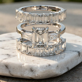 Front-view: Emerald Cut Diamond Ring with Halo Setting in 14k White Gold - Lab Grown - Driona Jewels