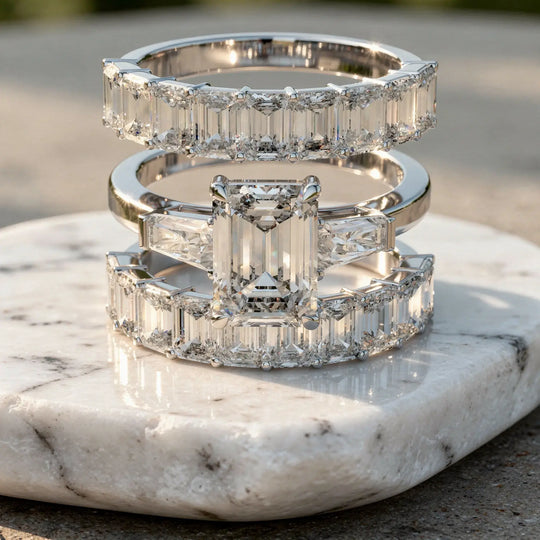 Front-view: Emerald Cut Diamond Ring with Halo Setting in 14k White Gold - Lab Grown - Driona Jewels