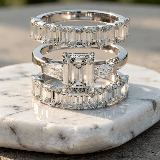 Front-view: Emerald Cut Diamond Ring with Halo Setting in 14k White Gold - Lab Grown - Driona Jewels