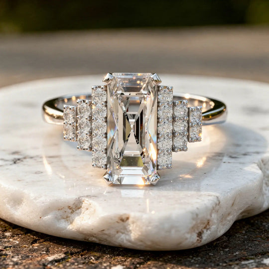Front-view: Emerald Cut Diamond Ring with Halo Setting in 14k White Gold - Lab Grown - Driona Jewels