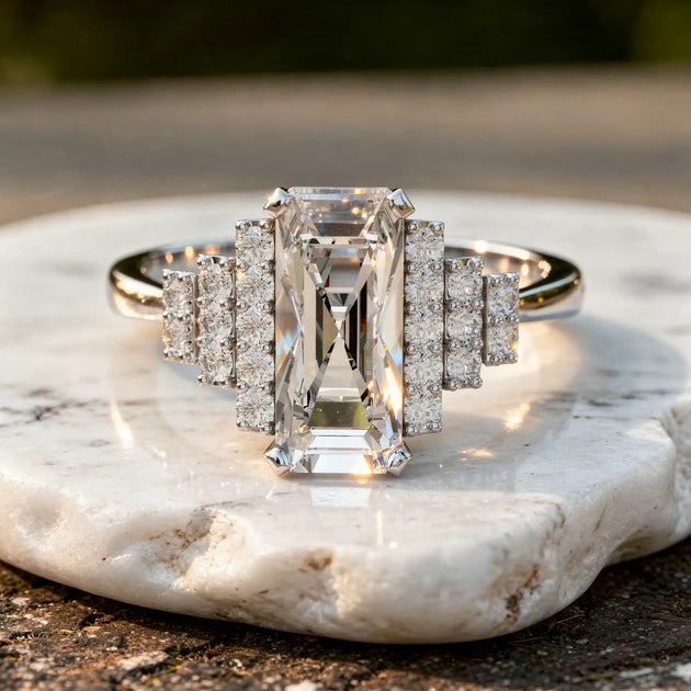 Front-view: Emerald Cut Diamond Ring with Halo Setting in 14k White Gold - Lab Grown - Driona Jewels