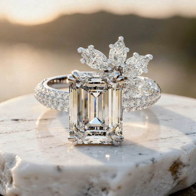 Front-view: Emerald Cut Diamond Ring with Halo Setting in 14k White Gold - Lab Grown - Driona Jewels