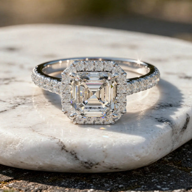 Front-view: Emerald Diamond Ring with Halo Setting in 14k White Gold - Lab Grown - Driona Jewels
