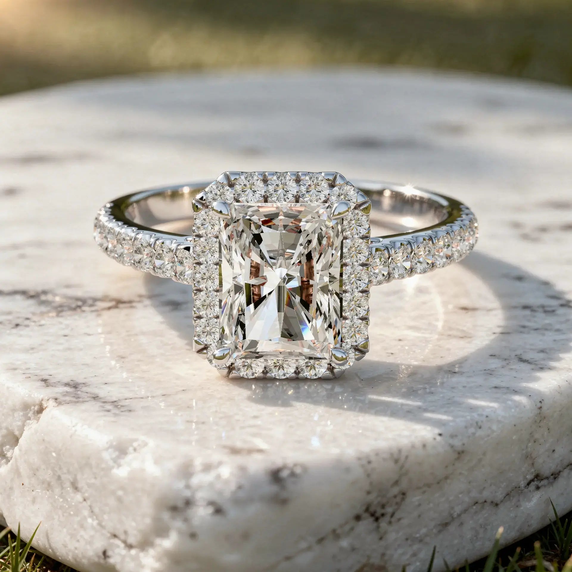 Front-view: Emerald Diamond Ring with Halo Setting in 14k White Gold - Lab Grown - Driona Jewels