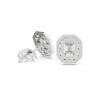 Pair-shot: Emerald Cut Diamond Ring with Halo Setting in 14k White Gold - Lab Grown - Driona Jewels