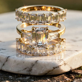Close-up: Emerald Cut Diamond Ring with Halo Setting in 14k Yellow Gold - Lab Grown - Driona Jewels