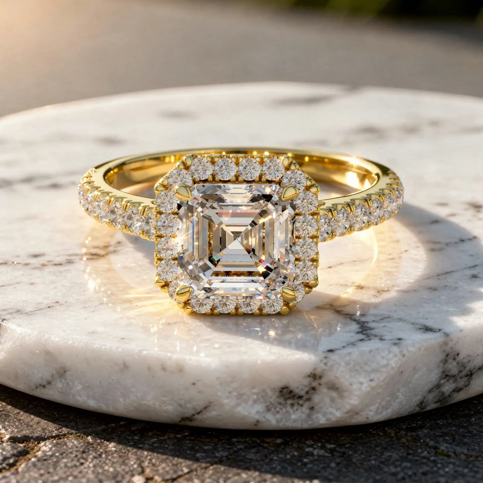 Flat Lay: Emerald Diamond Ring with Halo Setting in 14k Yellow Gold - Lab Grown - Driona Jewels