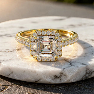 Flat Lay: Emerald Diamond Ring with Halo Setting in 14k Yellow Gold - Lab Grown - Driona Jewels