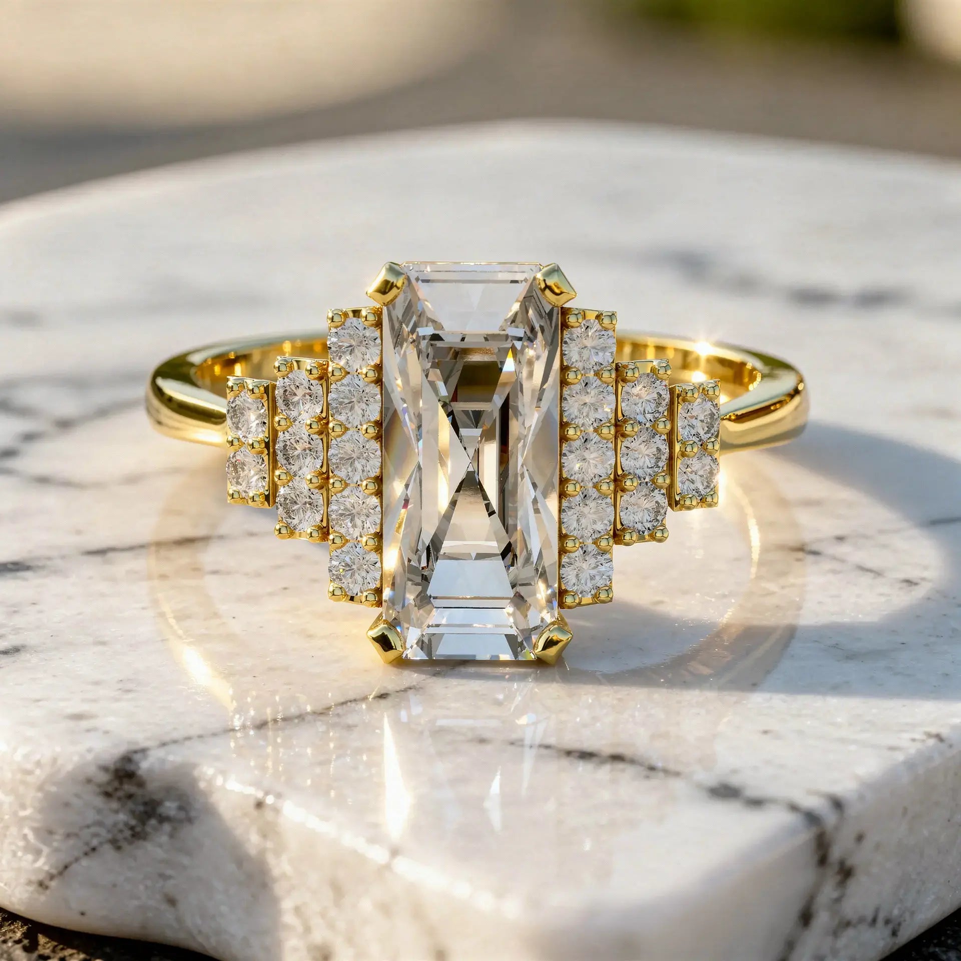 Front-view: Emerald Cut Diamond Ring with Halo Setting in 14k Yellow Gold - Lab Grown - Driona Jewels
