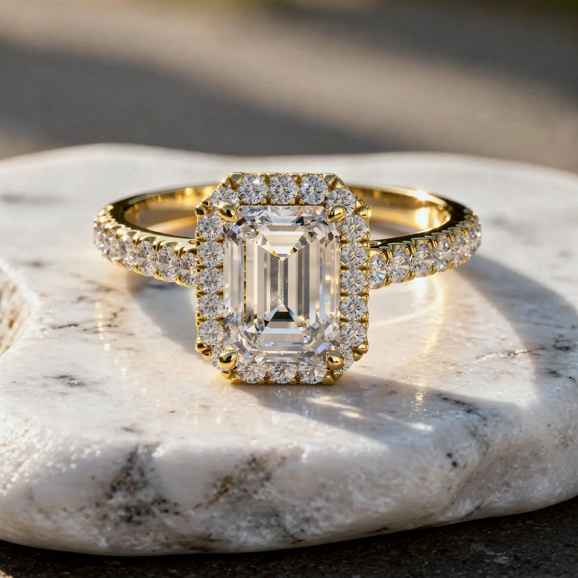 Front-view: Emerald Diamond Ring with Halo Setting in 14k Yellow Gold - Lab Grown - Driona Jewels