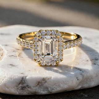 Front-view: Emerald Diamond Ring with Halo Setting in 14k Yellow Gold - Lab Grown - Driona Jewels