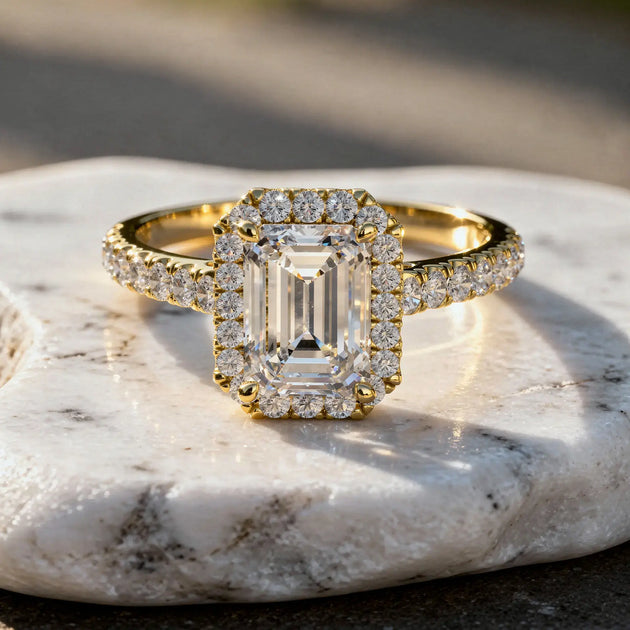 Front-view: Emerald Diamond Ring with Halo Setting in 14k Yellow Gold - Lab Grown - Driona Jewels
