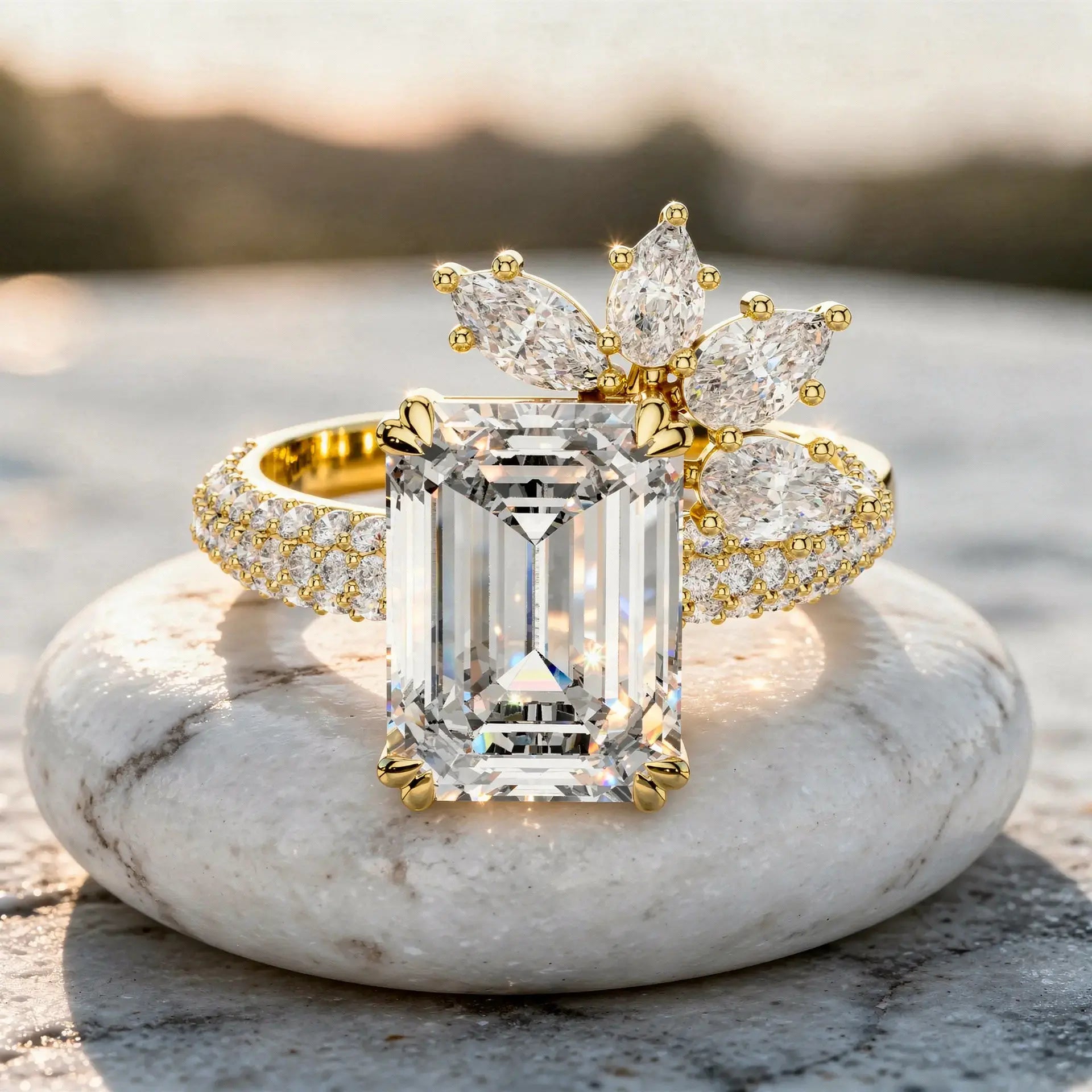 Front-view: Emerald Cut Diamond Ring with Halo Setting in 14k Yellow Gold - Lab Grown - Driona Jewels