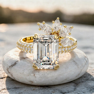 Front-view: Emerald Cut Diamond Ring with Halo Setting in 14k Yellow Gold - Lab Grown - Driona Jewels