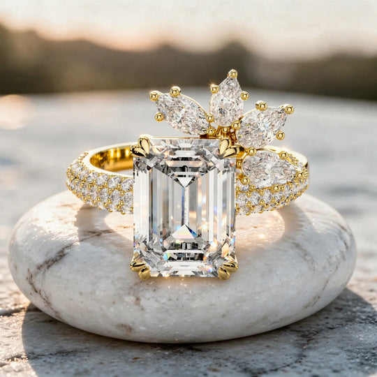 Front-view: Emerald Cut Diamond Ring with Halo Setting in 14k Yellow Gold - Lab Grown - Driona Jewels