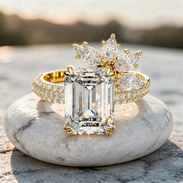 Front-view: Emerald Cut Diamond Ring with Halo Setting in 14k Yellow Gold - Lab Grown - Driona Jewels