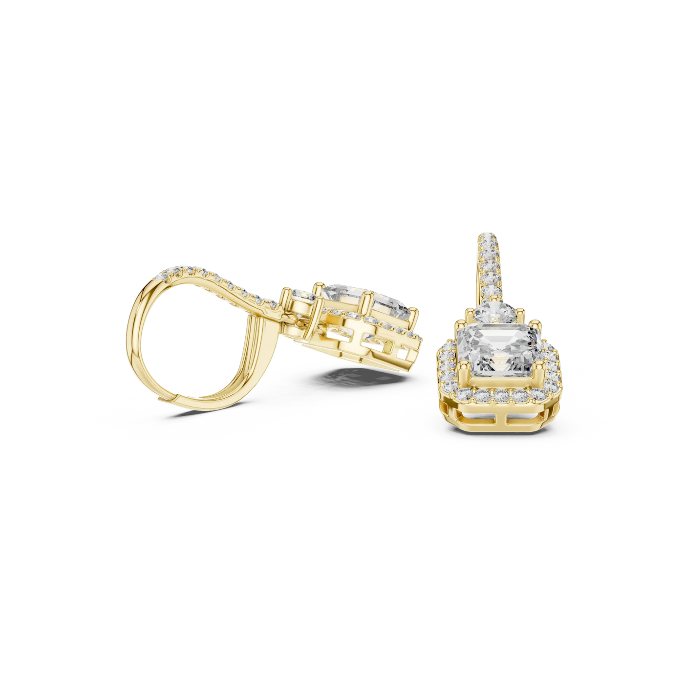 Three-quarter-view: Emerald Cut Diamond Ring with Halo Setting in 14k Yellow Gold - Lab Grown - Driona Jewels