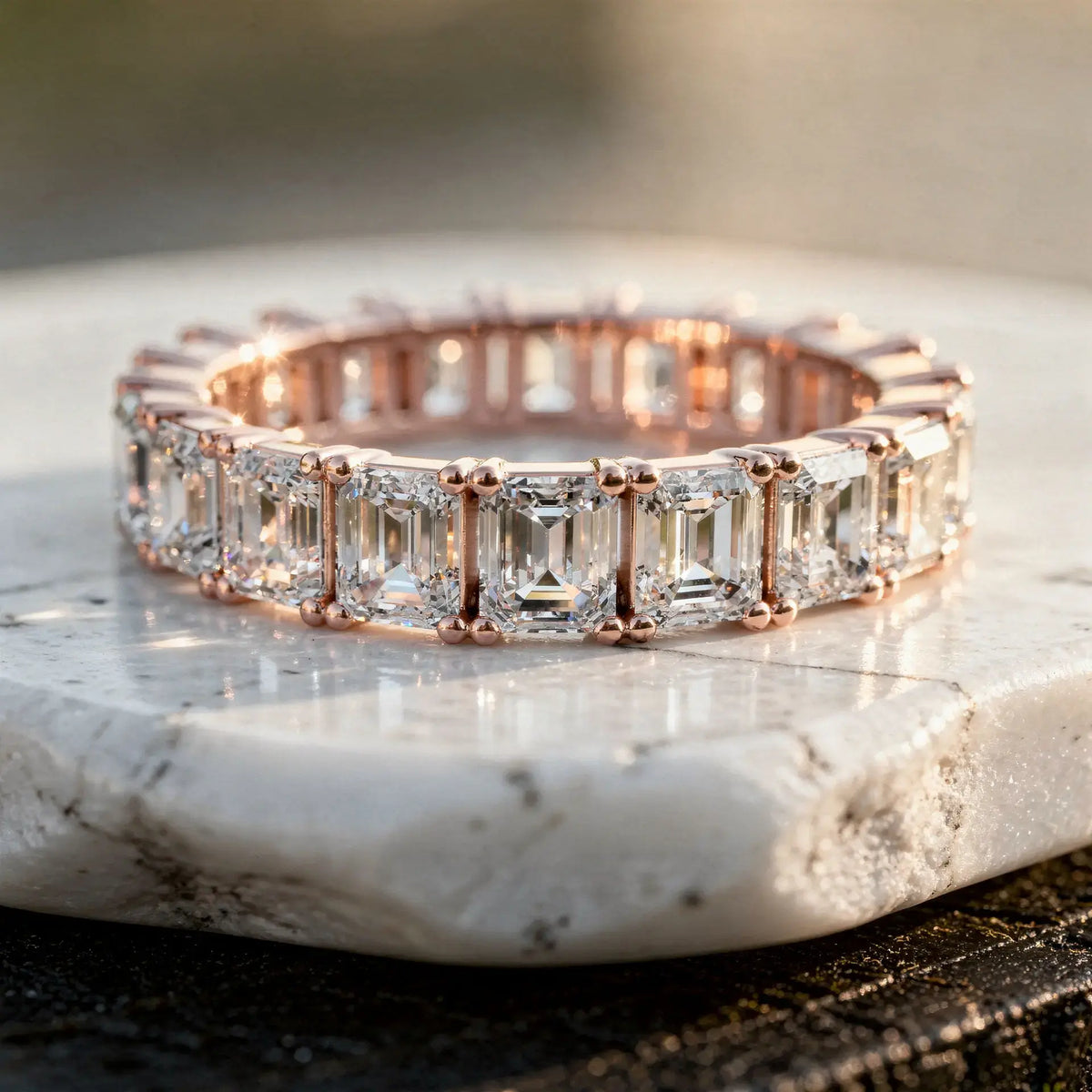 Close-up: Emerald Cut Diamond Ring with Pave Setting in 14k Rose Gold - Lab Grown - Driona Jewels