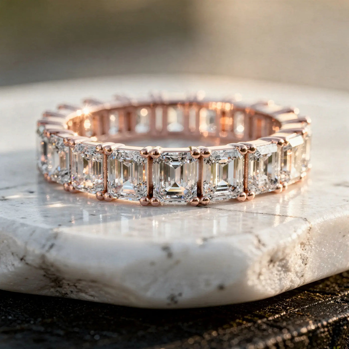 Close-up: Emerald Cut Diamond Ring with Pave Setting in 14k Rose Gold - Lab Grown - Driona Jewels