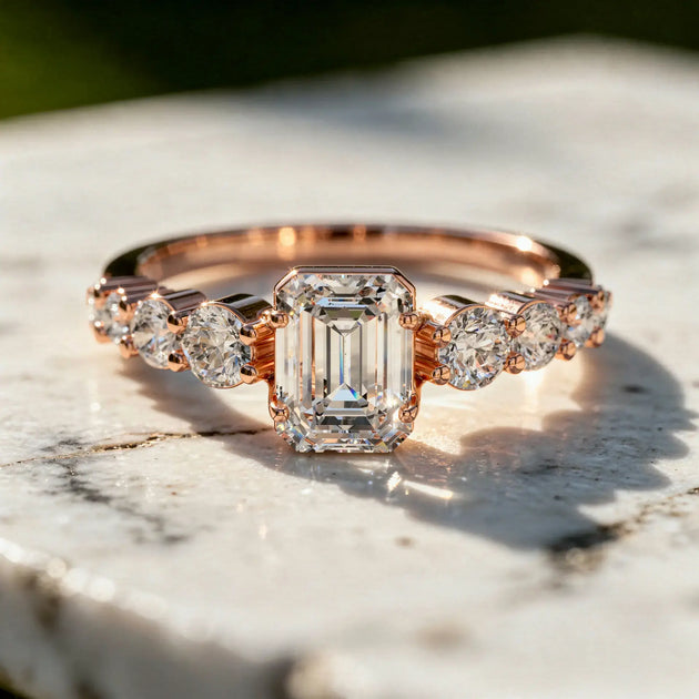 Close-up: Emerald Diamond Ring with Pave Setting in 14k Rose Gold - Lab Grown - Driona Jewels