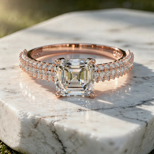Flat Lay: Emerald Cut Diamond Ring with Pave Setting in 14k Rose Gold - Lab Grown - Driona Jewels
