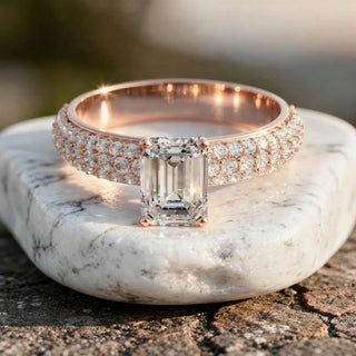 Front-view: Emerald Diamond Ring with Pave Setting in 14k Rose Gold - Lab Grown - Driona Jewels