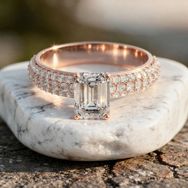 Front-view: Emerald Diamond Ring with Pave Setting in 14k Rose Gold - Lab Grown - Driona Jewels