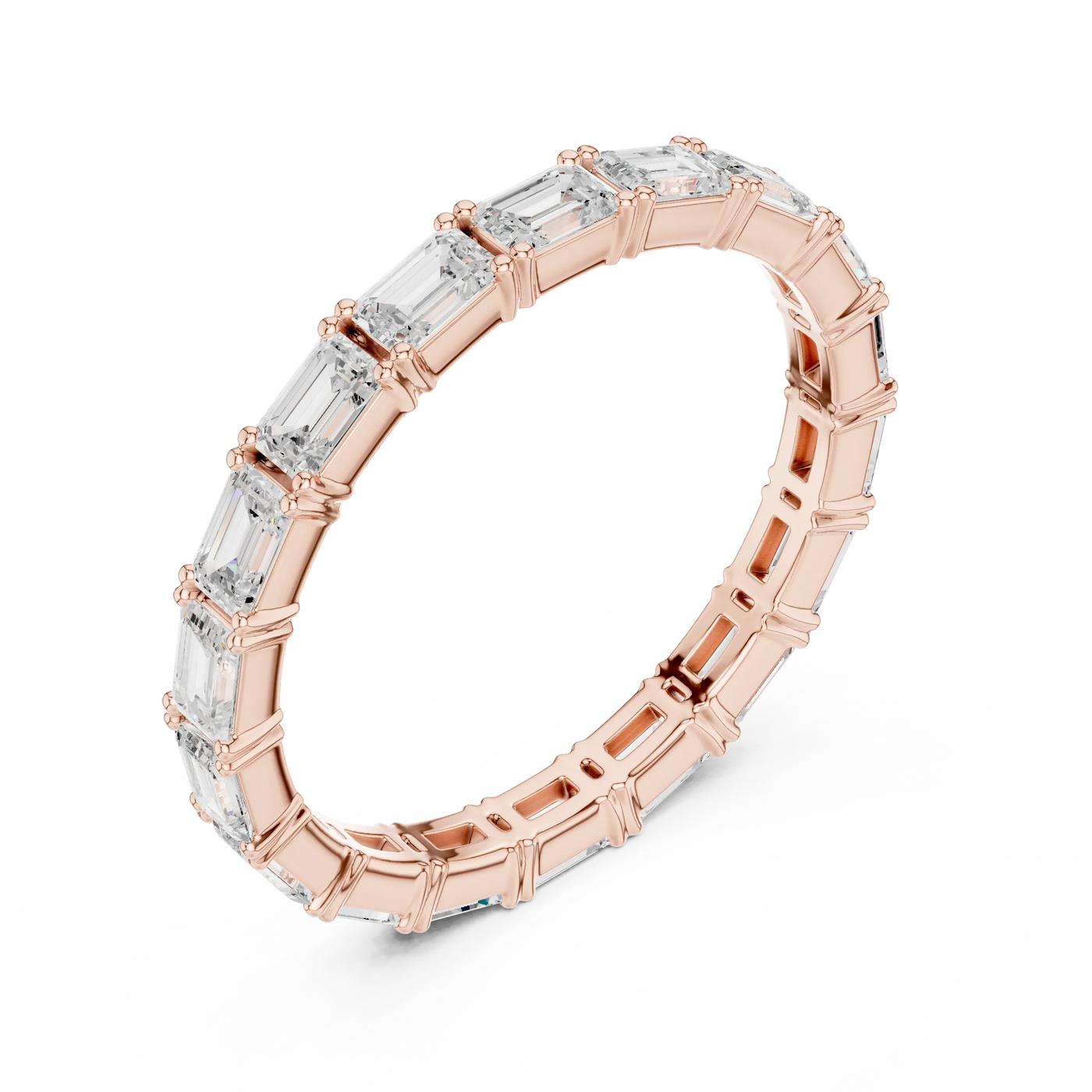 Three-quarter-view: Emerald Cut Diamond Ring with Pave Setting in 14k Rose Gold - Lab Grown - Driona Jewels
