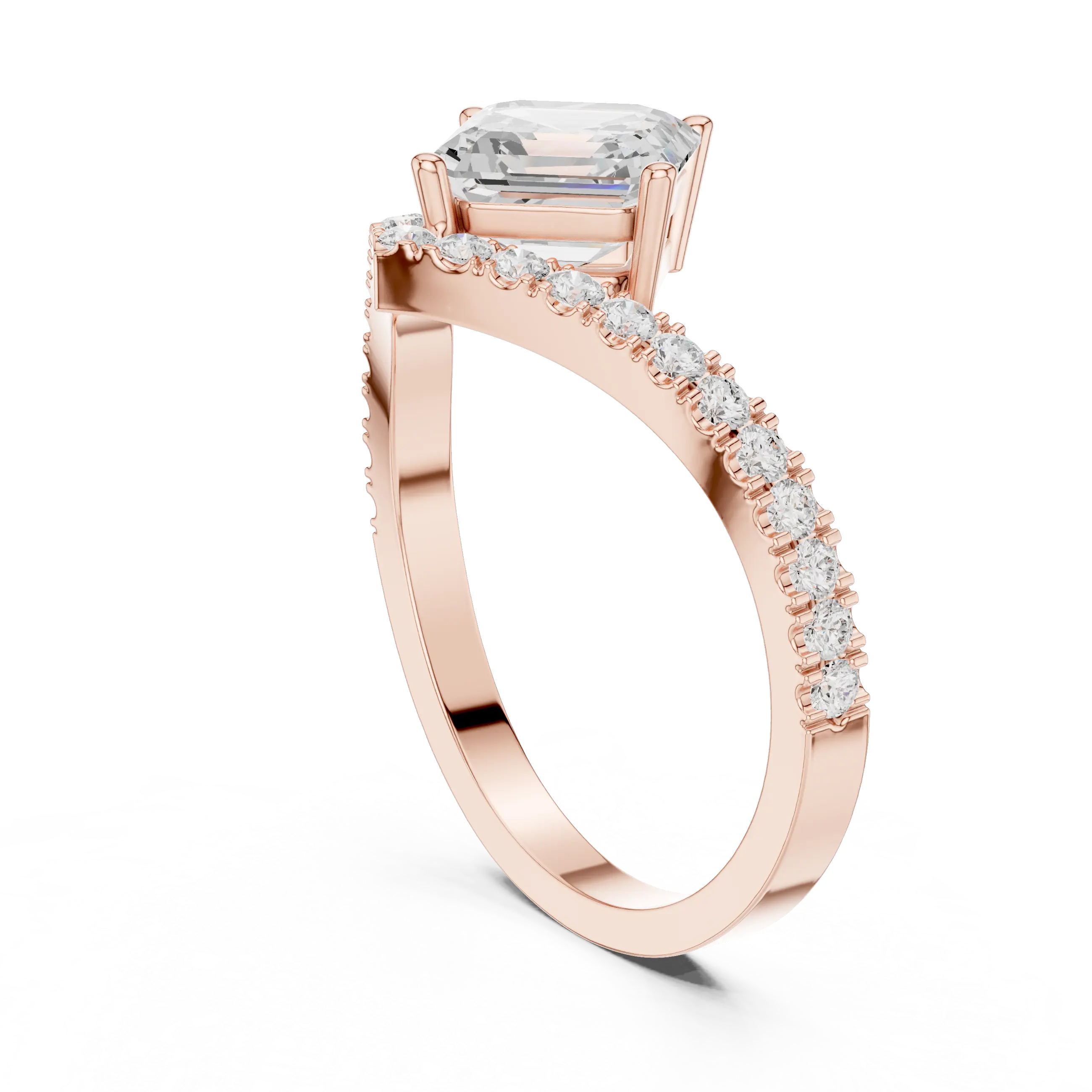 Angle View: Emerald Diamond Ring with Pave Split Shank Setting in 14K Rose Gold – Lab Grown – Driona Jewels
