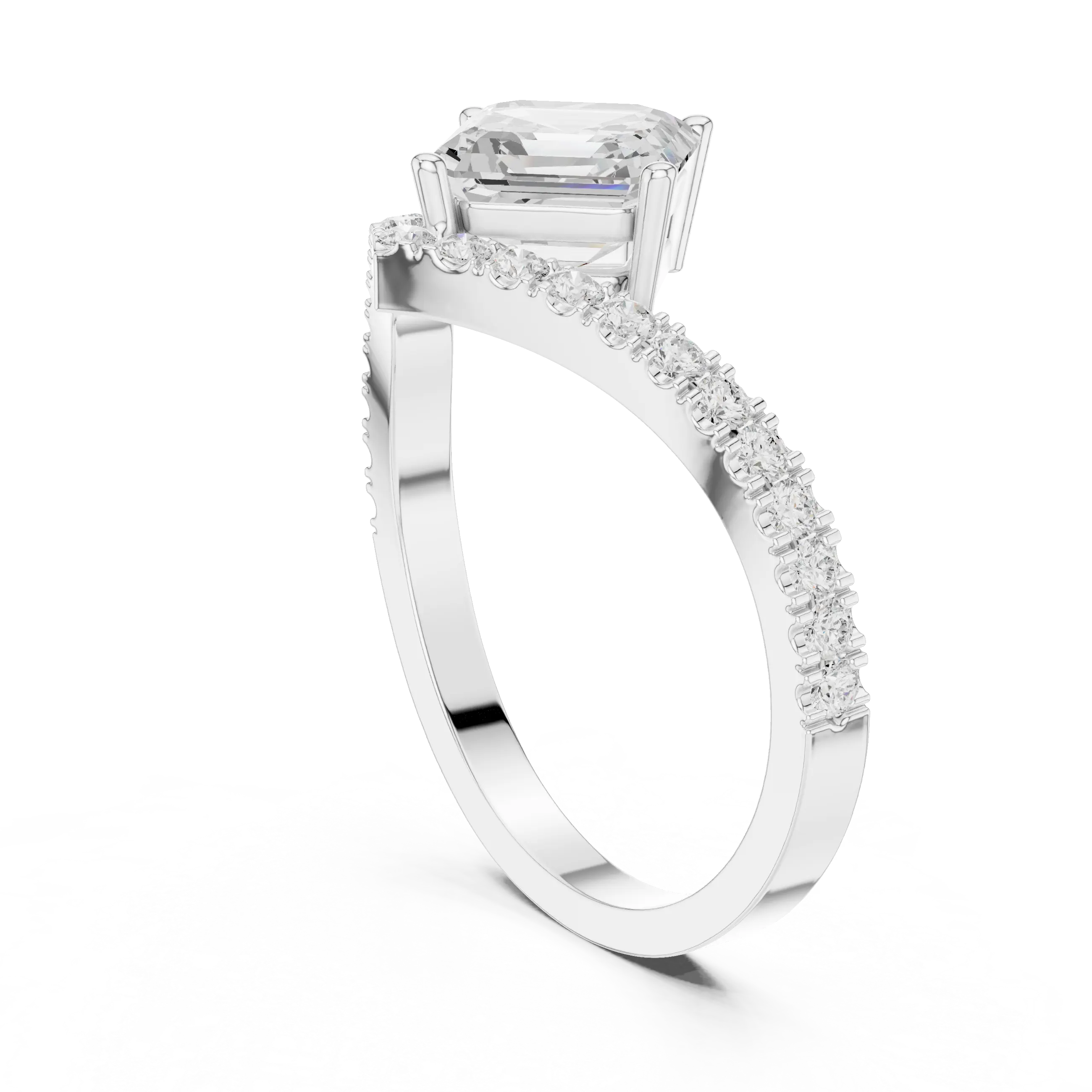 Angle View: Emerald Diamond Ring with Pave Setting in 14K White Gold – Lab Grown – Driona Jewels
