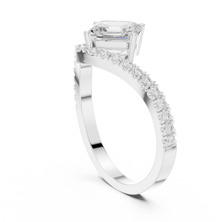 Angle View: Emerald Diamond Ring with Pave Setting in 14K White Gold – Lab Grown – Driona Jewels
