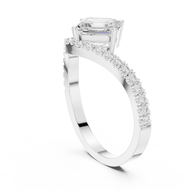 Angle View: Emerald Diamond Ring with Pave Setting in 14K White Gold – Lab Grown – Driona Jewels
