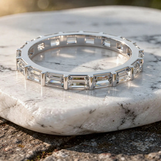 Flat Lay: Emerald Cut Diamond Ring with Pave Setting in 14k White Gold - Lab Grown - Driona Jewels