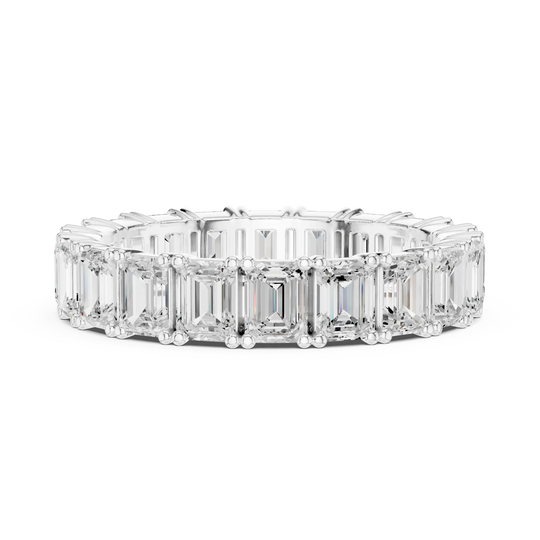Front-View: Emerald Cut Diamond Ring with Pave Setting in 14k White Gold - Lab Grown - Driona Jewels