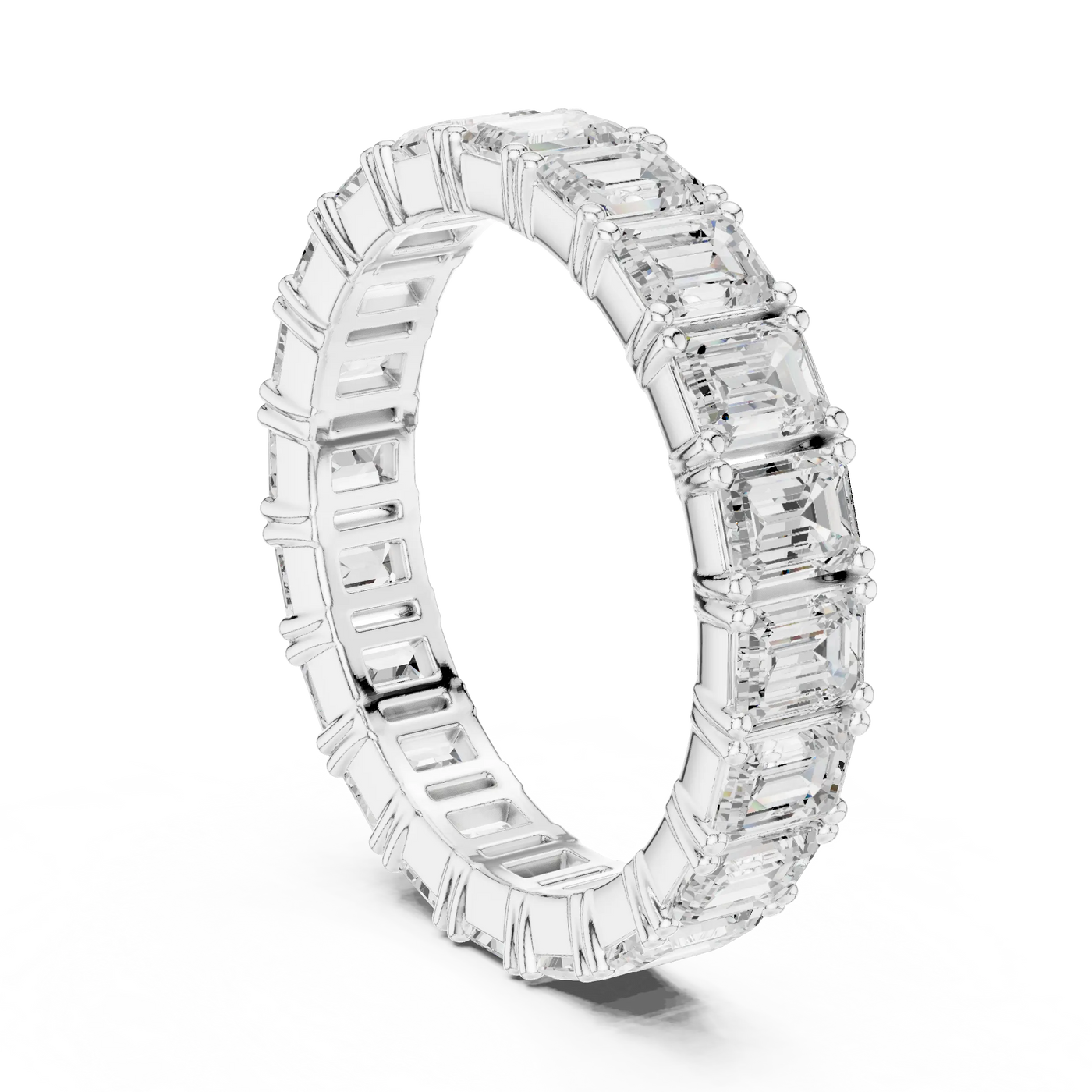Three-quarter-view: Emerald Cut Diamond Ring with Pave Setting in 14k White Gold - Lab Grown - Driona Jewels