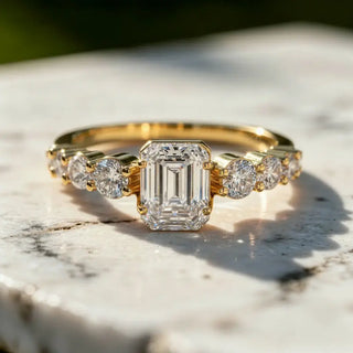 Close-up: Emerald Diamond Ring with Pave Setting in 14k Yellow Gold - Lab Grown - Driona Jewels